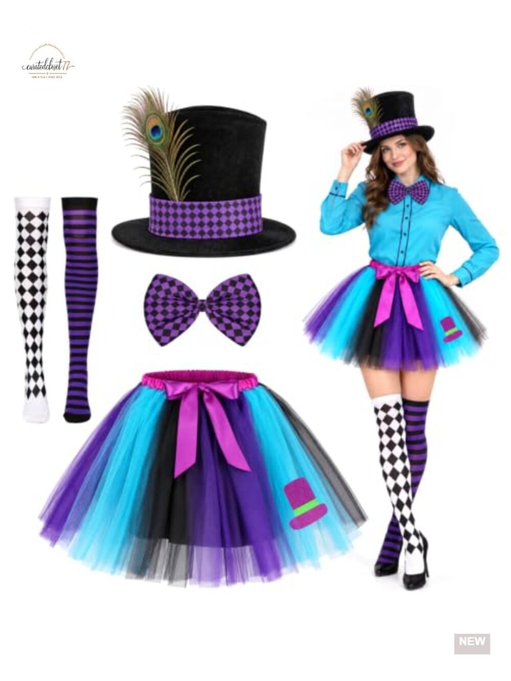 Mad Hatter Costume Set Women Velvet Top Hat Tulle Tutu Bow Tie Stockings